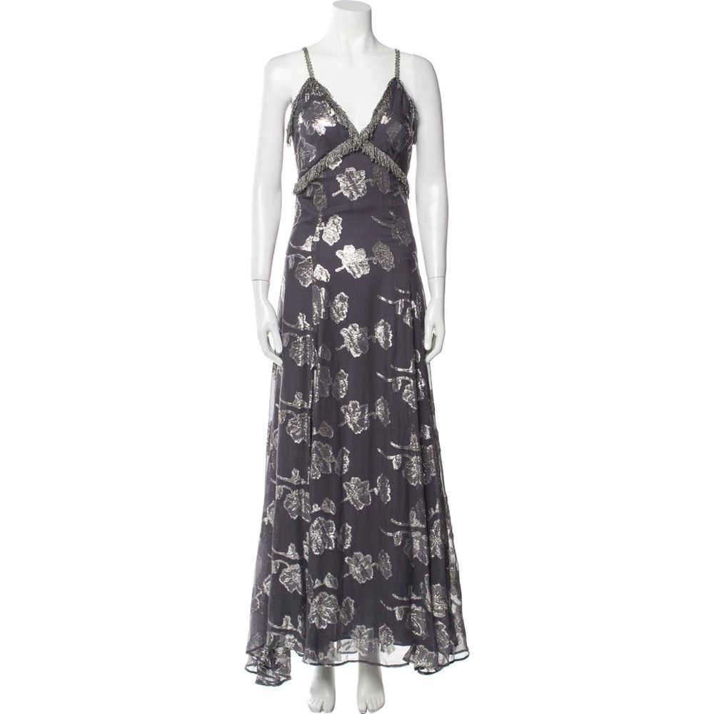 Elegant Silver Floral Maxi Dress